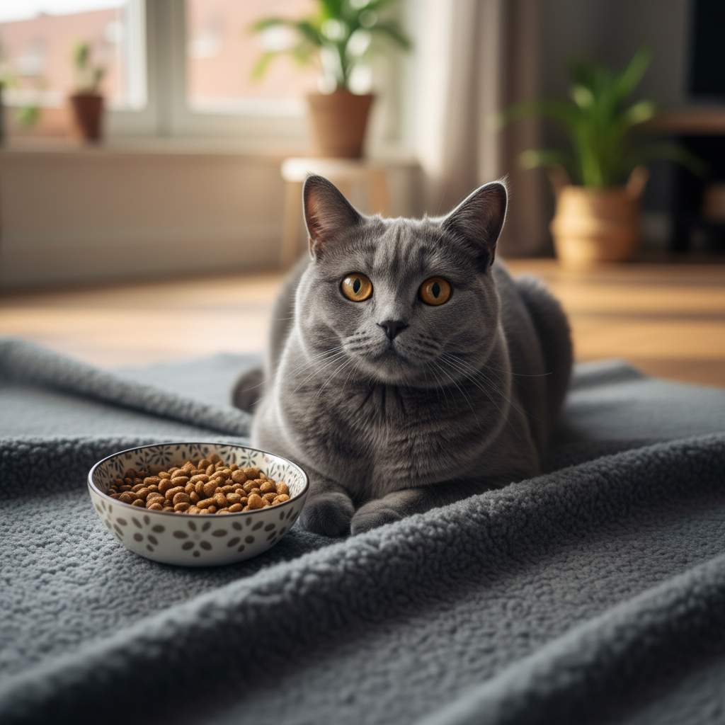 一只圆滚滚的蓝色英国短毛猫正趴在厚实的灰色毛毯上,它那金橘色的大眼睛好奇地盯着镜头,旁边放着一个装满干粮的陶瓷碗